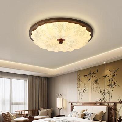 法式中古风卧室吸顶灯复古胡桃木布艺主卧灯...