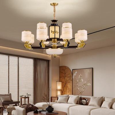 新中式铜合金+木+玻璃罩灯体 客厅餐厅书...