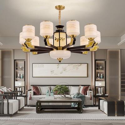 新中式铜合金+木+玻璃罩灯体 客厅餐厅书...