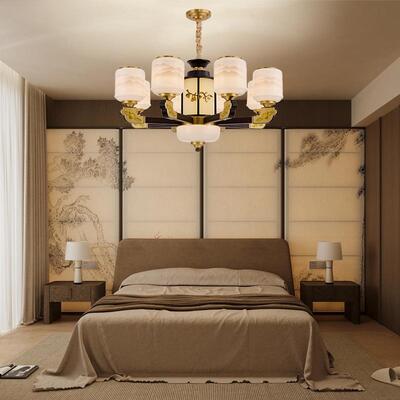 新中式铜合金+木+玻璃罩灯体 客厅餐厅书...