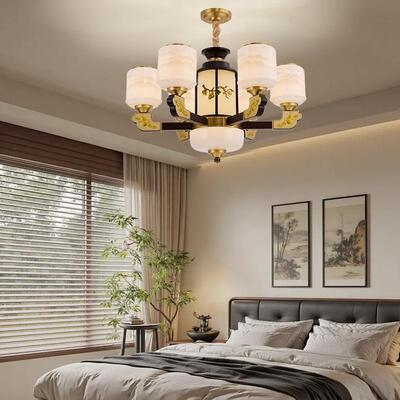 新中式铜合金+木+玻璃罩灯体 客厅餐厅书...