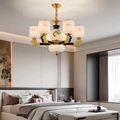 新中式铜合金+木+玻璃罩灯体 客厅餐厅书...