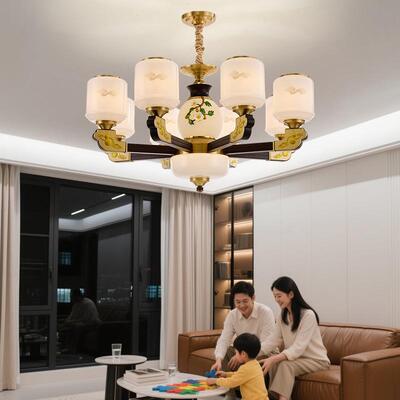 新中式铜合金+木+玻璃罩灯体 客厅餐厅书...