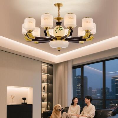 新中式铜合金+木+玻璃罩灯体 客厅餐厅书...