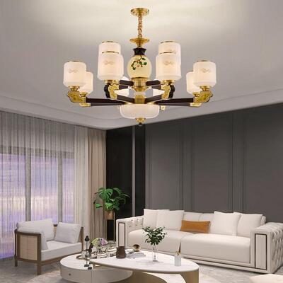 新中式铜合金+木+玻璃罩灯体 客厅餐厅书...