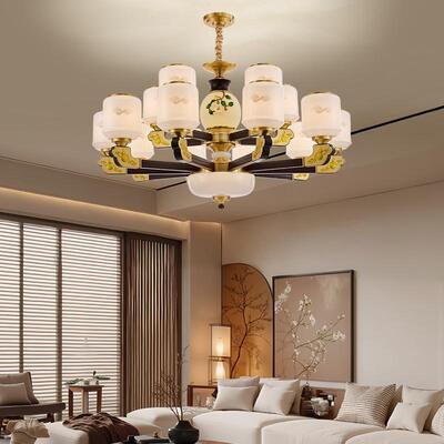 新中式铜合金+木+玻璃罩灯体 客厅餐厅书...