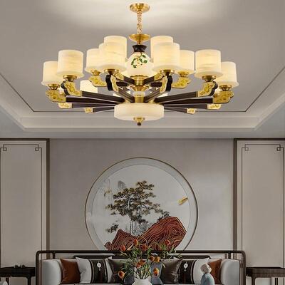 新中式铜合金+木+玻璃罩灯体 客厅餐厅书...