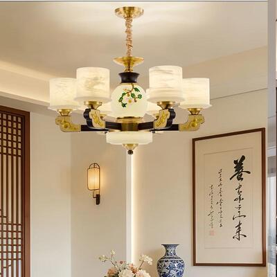 新中式铜合金+木+仿玉罩灯体 客厅餐厅书...