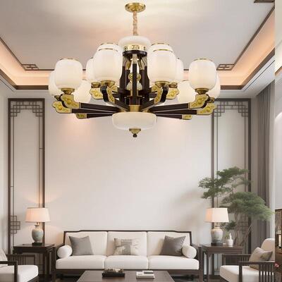 新中式铜合金+木+玻璃罩灯体 客厅餐厅书...