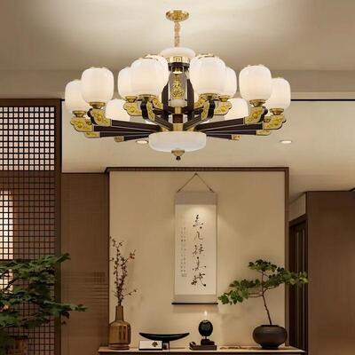 新中式铜合金+木+玻璃罩灯体 客厅餐厅书...