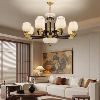 新中式铜合金+木+玻璃罩灯体 客厅餐厅书...