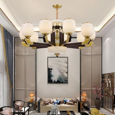 新中式铜合金+木+玻璃罩灯体 客厅餐厅书...