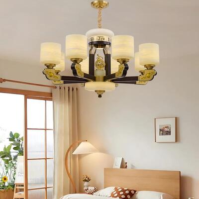 新中式铜合金+木+玻璃罩灯体 客厅餐厅书...