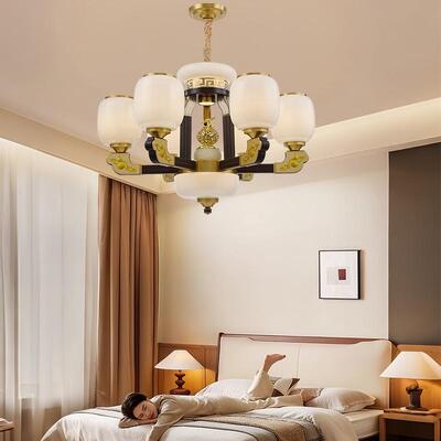 新中式铜合金+木+玻璃罩灯体 客厅餐厅书...