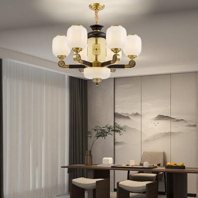 新中式铜+木+玻璃罩灯体 客厅餐厅书房卧...