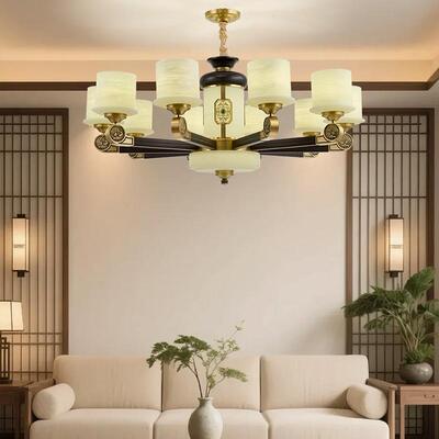 新中式铜+木+玻璃罩灯体 客厅餐厅书房卧...