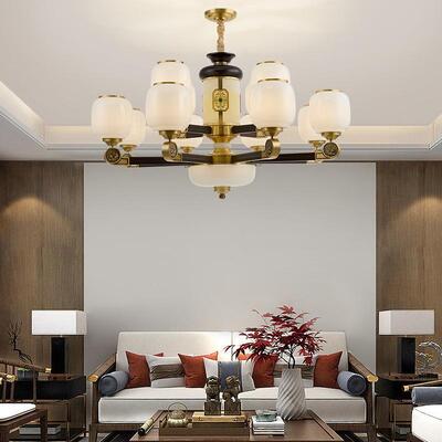 新中式铜+木+玻璃罩灯体 客厅餐厅书房卧...