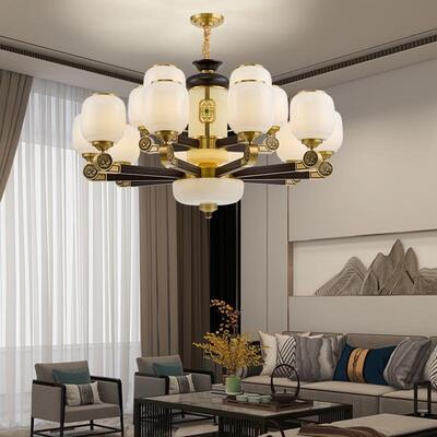 新中式铜+木+玻璃罩灯体 客厅餐厅书房卧...