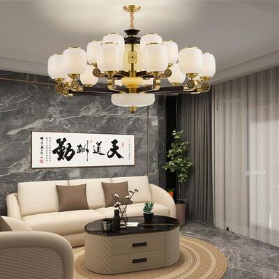 新中式铜+木+玻璃罩灯体 客厅餐厅书房卧...