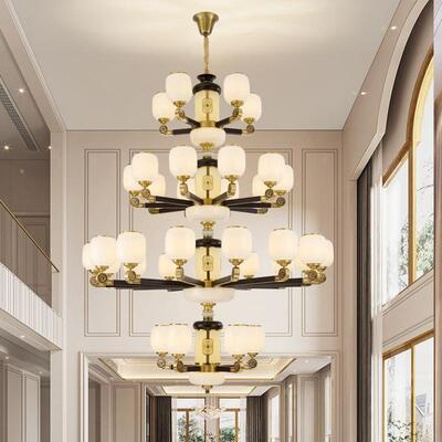 新中式铜+木+玻璃罩灯体 客厅餐厅书房卧...